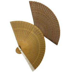 Lot Of 2 Vintage Wooden Hand Fans Oriental Design Light And Dark Brown
